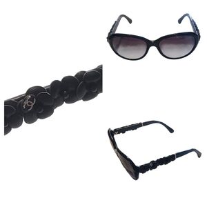 CHANEL Side Camellia Leather 5316 Sunglasses Gray Lens Cat Eye Gradient Women